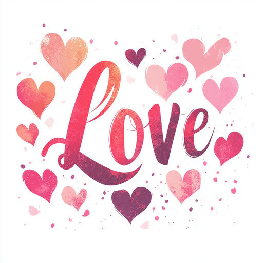 Love in cursive, pink and red gradient, with hearts