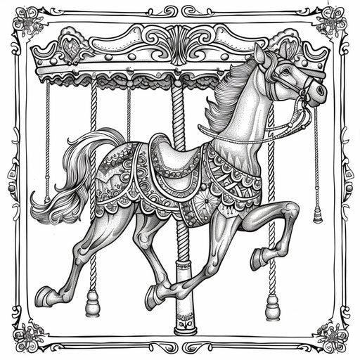 Whimsical carousel horse with intricate details. Coloring book page