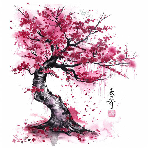 Sakura tree in full bloom with anime-inspired scenery, serene and beautiful tattoo art on a white background