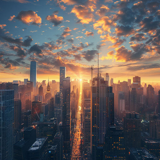 Panoramic view of the city's financial district at sunrise