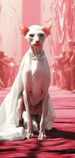 A sphynx cat sitting on a red carpet, disfigured forms
