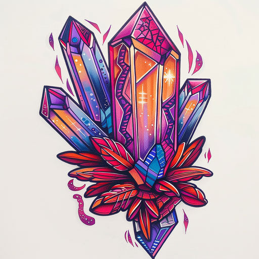 Flat tattoo sketch of a 70s style crystal with psychedelic patterns