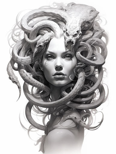Medusa head tattoo of a woman with a snake