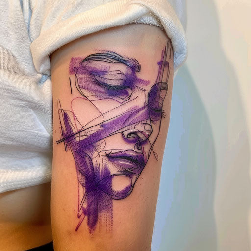 Expressionist lilac tattoo with bold color splashes and emotional depth