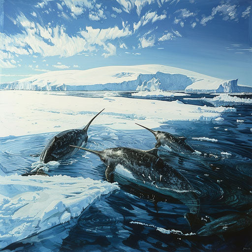 Narwhals at the edge of an ice floe, preparing for a deep dive