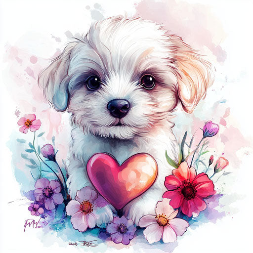 Cute puppy with heart and flowers, pastel colors