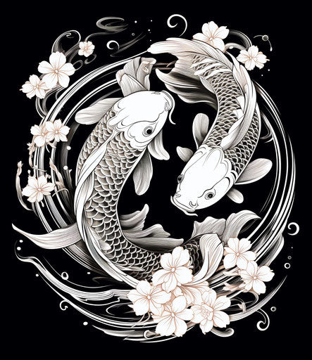 Two stacked koi fish, ornate and detailed, line drawing style