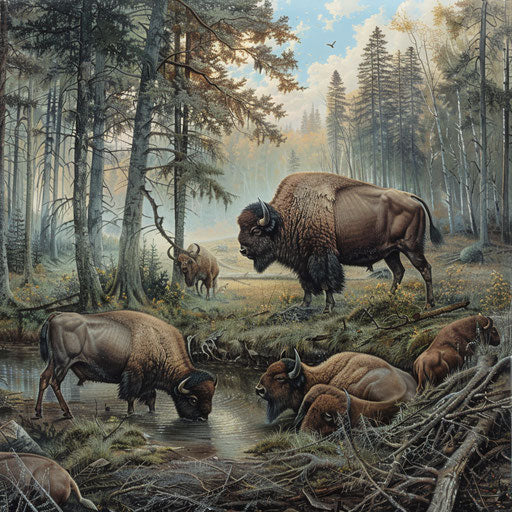 Peaceful interaction of wood bison with wildlife at forest edge