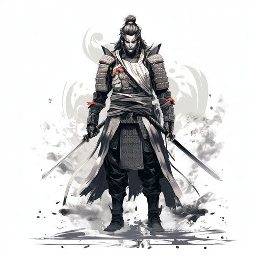 Samurai in white line drawing, detailed, full body