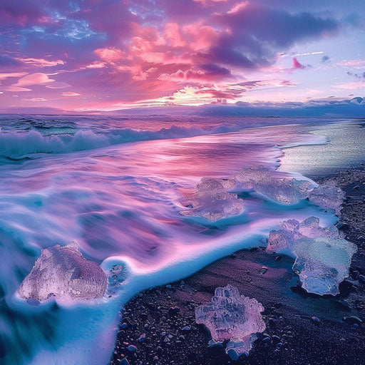 Icy shore of Diamond Beach, Iceland with pink and purple sunset hues