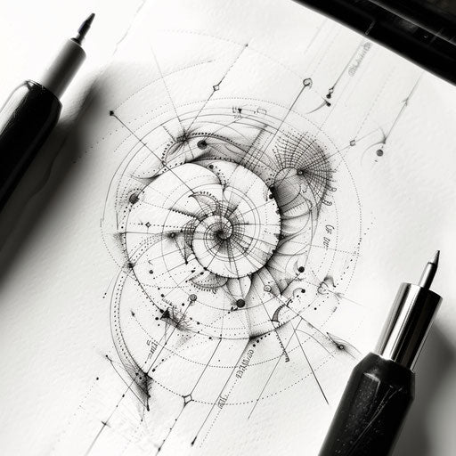Monochrome tattoo sketch with Fibonacci sequence