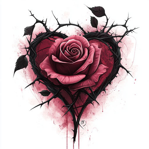 Rose in heart with black thorns, dark red & pink colors