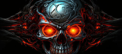The skull with fiery eyes, gadgetpunk style, intense emotions