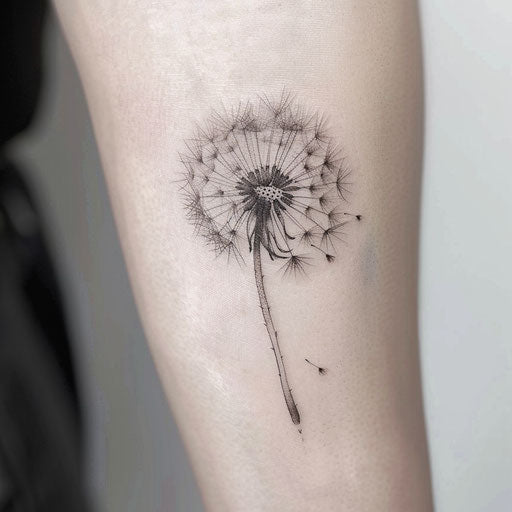 Realistic dandelion tattoo, capturing the delicate nature of the flower, with fine details and shading, on white background