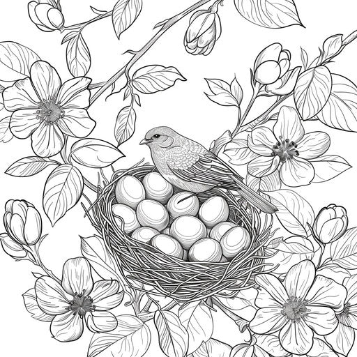 Bird's nest with eggs in a blossoming tree