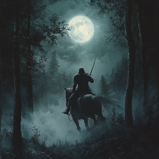 Headless horseman in a dark, foggy forest