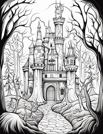 Halloween coloring pages with a castle and trees