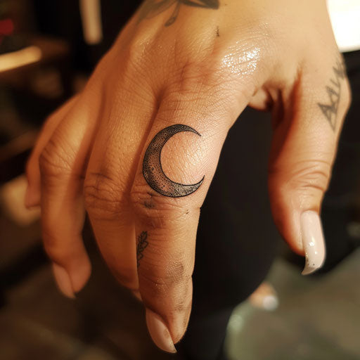 Simple tattoo of a crescent moon, in the style of Adrian Smith, on the finger