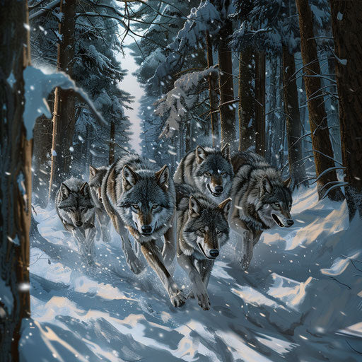 Pack of wolves running in a snow-covered forest