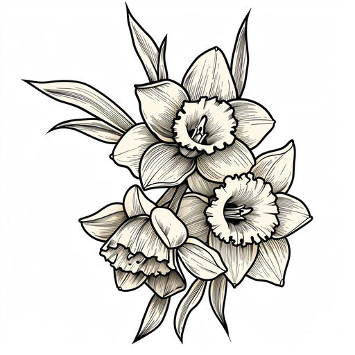 Elegant flat clipart-style tattoo sketch of daffodil cluster
