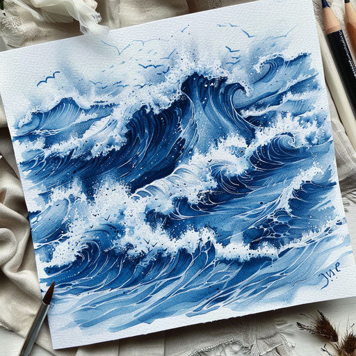 Dynamic aquatic tattoo sketch of stormy sea with crashing waves, mixing dark and light blues, on white surface.