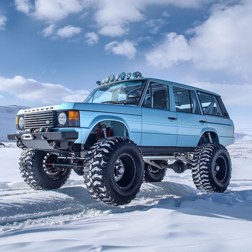 Ice-blue 1995 SUV with fat tires in the Arctic