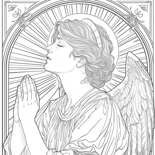 Serene angel in prayer, light radiating from her halo