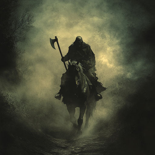 The headless horseman charging down a narrow path on a foggy night