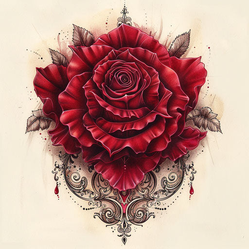 Elaborate tattoo sketch of a red rose with rich burgundy tones