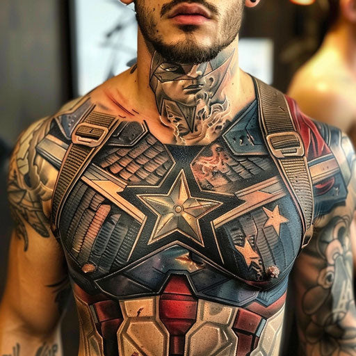 Dynamic superhero action chest tattoo