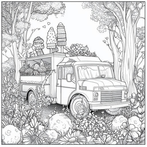 Ice cream truck in a fantasy garden with glowing plants, Megan Hess style, coloring page