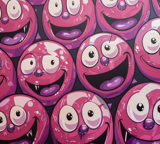 Pink cartoon balls with big eyes and purple mouths
