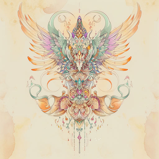 Ethereal flat tattoo sketch for a Sak Yant tattoo featuring a winged creature in light pastel colors in clipart style
