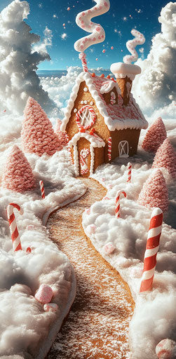 Winding path to elaborate gingerbread house in the clouds