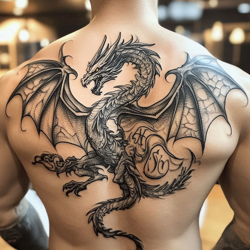 Family tattoos for men, a fierce dragon with family initials embedded in scales