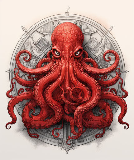 Octopus on circular background, Japanese style, red and light grey