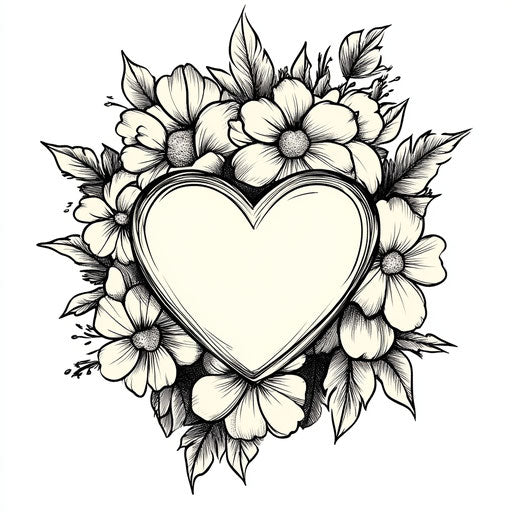 Heart tattoo with floral wreath on white background
