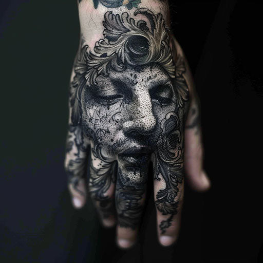 Men's finger tattoos in the style of David Palumbo with dark, artistic flourishes