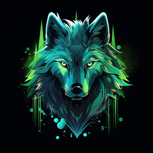 Black, green and blue wolf t-shirt design on black background