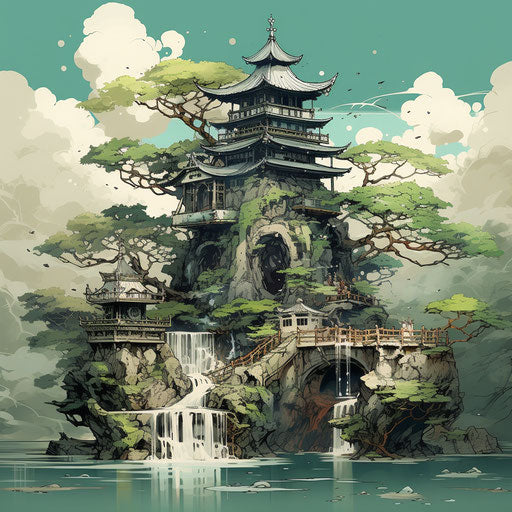 Stone fountain and tree, Japanese style, dreamlike architecture