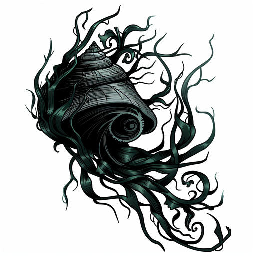 Black seashell with dark vines, gothic clipart style