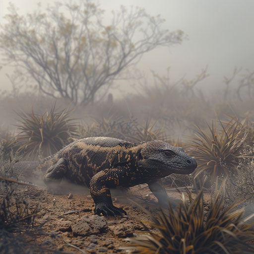 Gila monster in a misty desert morning