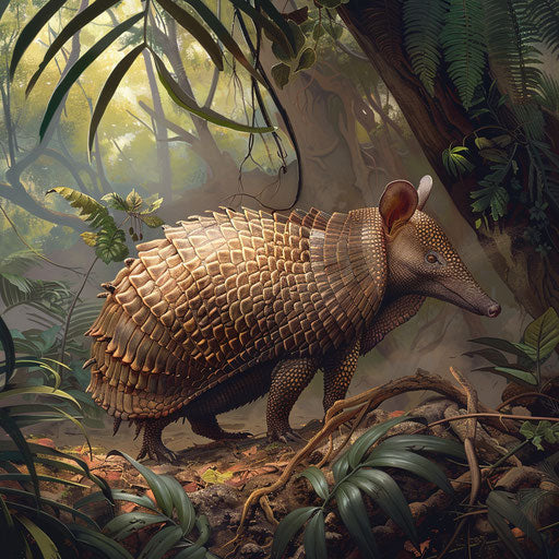 A watchful armadillo at the edge of a dense thicket, surveying