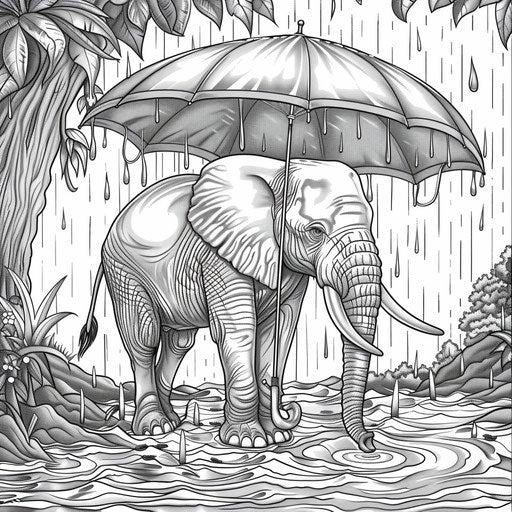 Elephant holding an umbrella under the rain. Coloring book page