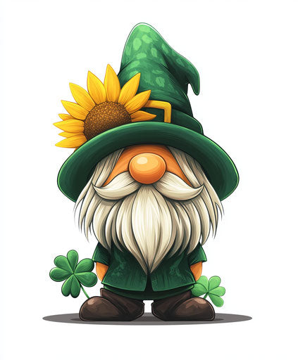 St. Patrick's Day Gnome, Green Hat, Sunflowers, Shamrock