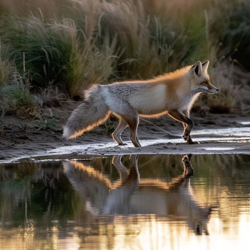White fox trotting by riverbank, reflection doubled