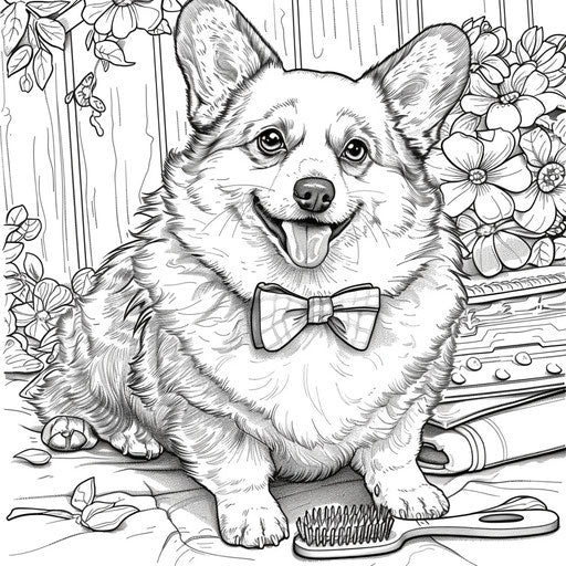 Detailed illustration of a corgi being groomed with a brush and bow