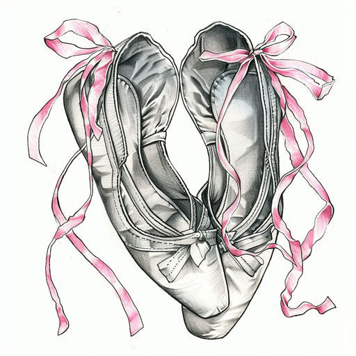 Conceptual drawing of a pair of ballet shoes with pink ribbons, designed as a tattoo on white.
