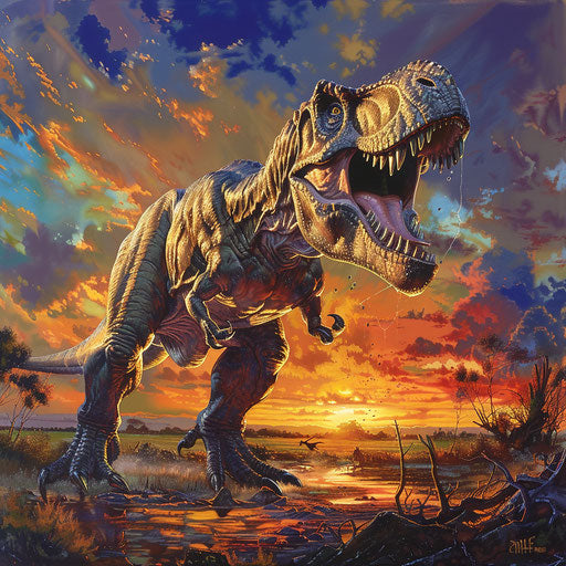 T-rex in a golden primeval landscape at dusk