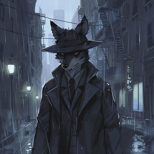 Anthropomorphic coyote detective in a rain-soaked noir city